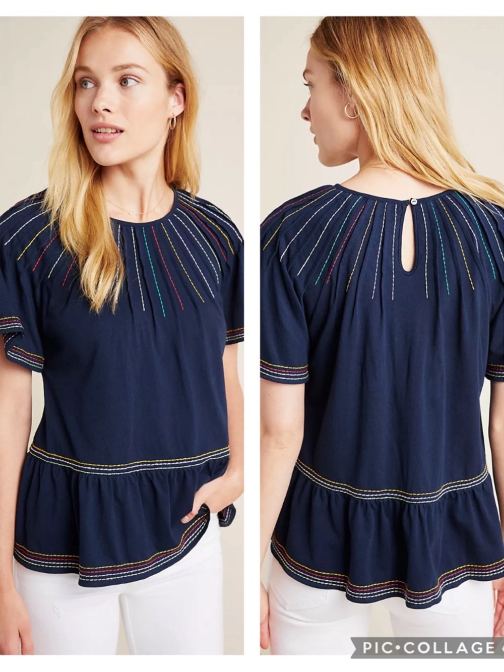 EUC Anthropologie Maeve Navy Chamonix Embroidered Flutter Sleeve Swing Top